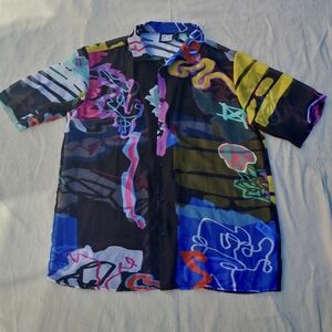 Reclaimed Vintage Abstract Graffiti Street Art Sheer Oversized Button Up...